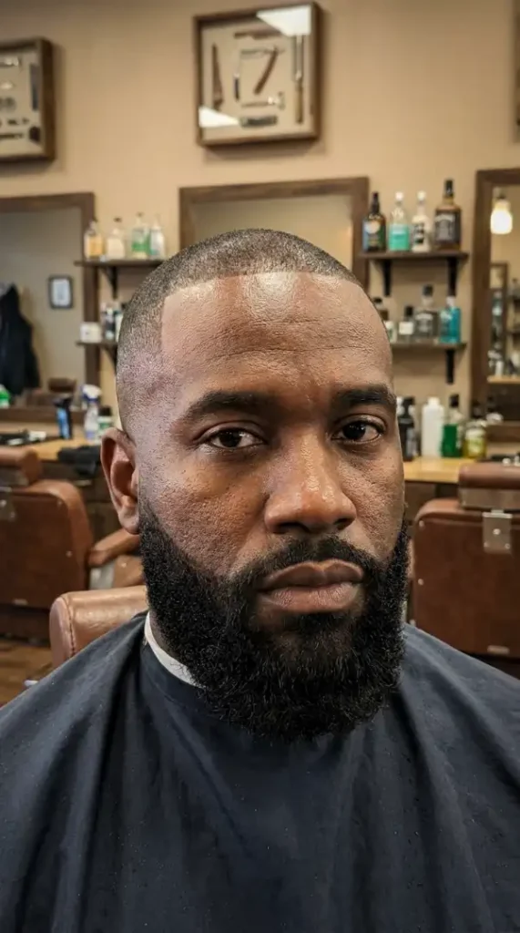 sharp buzz cut with full beard.