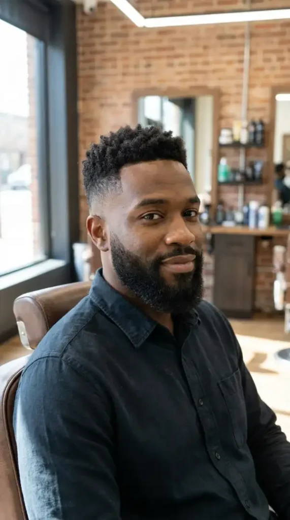 sharp fade haircut blended into a short afro top,
