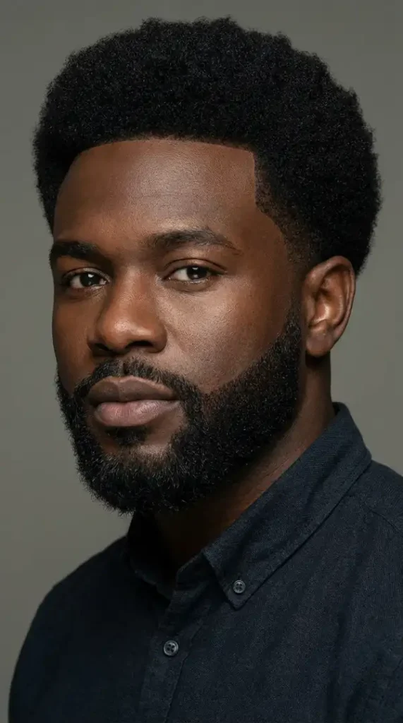 shaped afro haircut and sharply lined full beard. 