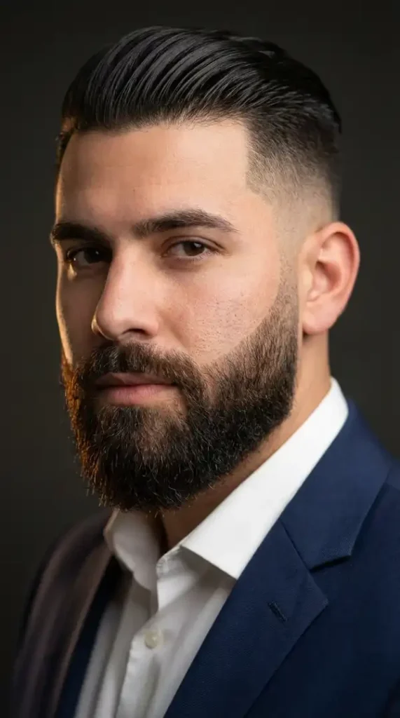 Mid Fade Beard with Slick Back Hair