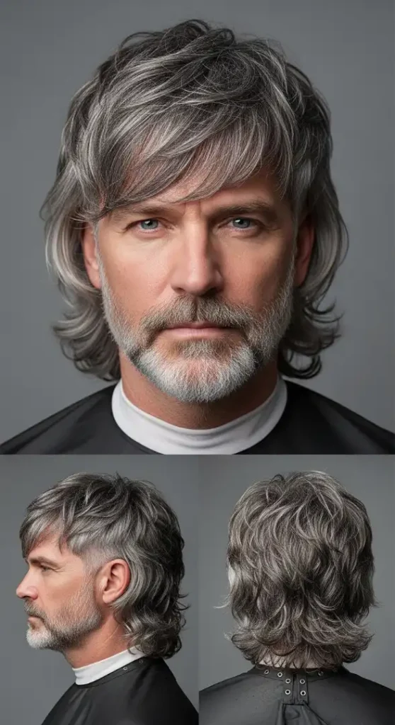 Take the exact same image from the prompt above. Apply a Pinterest-optimized text overlay directly onto the image WITHOUT altering the photo beneath it. HOOK TITLE TEXT: 10 Rugged Mullet Styles That Age Like Fine Wine On Every Man DESIGN STYLE — CINEMATIC DARK LEFT-ANCHOR SPLIT (Style 7 Reference): • Full-bleed dark moody photo — NO background frame • SPLIT TEXT LAYOUT — two anchor zones:   UPPER-LEFT ZONE (top 30% of image, left 50%):   — "RUGGED" in WHITE ultra-bold condensed display, approx 90px   — Immediately below: thin gold/amber (#D4A017) horizontal rule line   LOWER-LEFT ZONE (bottom 25% of image, left 60%):   — "10 Rugged Mullet Styles That Age Like Fine Wine On Every Man" in WHITE bold condensed, approx 52px, 2 lines   — "Silver Edition" in AMBER bold, approx 38px   — Small square badge with "10" in white bold • Model occupies RIGHT 55% and CENTER of frame — face and hair ALWAYS visible • Text anchors to dark/negative space zones • NO bars or boxes — text floats on the photo • FONT: Bold condensed sans-serif MENXSTYLE BRAND WATERMARK (MANDATORY): • TOP-RIGHT corner: "MENXSTYLE" condensed light, 21px, WHITE, opacity 52% • BOTTOM-CENTER: "© MENXSTYLE" micro caps, 18px, WHITE, opacity 42% • BOTTOM-LEFT near title zone: "MXS", 18px, AMBER, opacity 42% Final image: 1000×1500px, 2:3 ratio. Triptych layout. Warm Cinematic color grade. Thin 5px white separator between panels. ────────────────────────────────────────── SECTION 3 — VISUAL METADATA TABLE ────────────────────────────────────────── Field                  | Value -----------------------|------------------------------------------------------- Image Size             | 1000×1500px (2:3 ratio) Layout                 | Triptych — 1 large top + 2 small bottom panels Angle Count            | 3 Panels Used            | Front View + Left Profile + Back/Nape View Color Grading          | Warm Cinematic Model Ethnicity        | Caucasian Background             | Vintage barbershop — dark wood, antique chair, amber tungsten Camera Gear            | Sony A7R IV, 85mm f/1.2 G-Master Overlay Design         | Cinematic Dark Left-Anchor Split (Style 7) Overlay Hook Title     | 10 Rugged Mullet Styles That Age Like Fine Wine On Every Man MENXSTYLE Watermark    | Confirmed — Top-Right / Bottom-Center / Bottom-Left