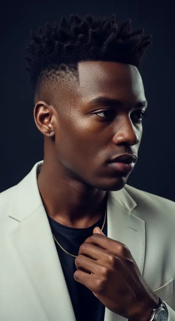  A hyper-realistic waist-up portrait of a sharp Afro-Caribbean male model with deep ebony skin and a chiseled jawline. He is showcasing a "High Drop Fade with Crisp 4C Coils" on top. Captured on a Sony A7R IV with an 85mm f/1.2 lens. Human Touch: Visible skin pores, slight natural facial asymmetry, and "natural skin texture" with a faint sweat glisten on the forehead. No AI smoothing. The model wears a premium cream-colored linen blazer over a black silk t-shirt. Micro-detail: A thin gold chain peeking from the collar and a vintage silver watch on the wrist. Lighting: Moody Neon Barbershop vibes with a strong rim light to separate the dark hair from the deep charcoal background. Color grading: Warm cinematic tones with cool blue shadows.