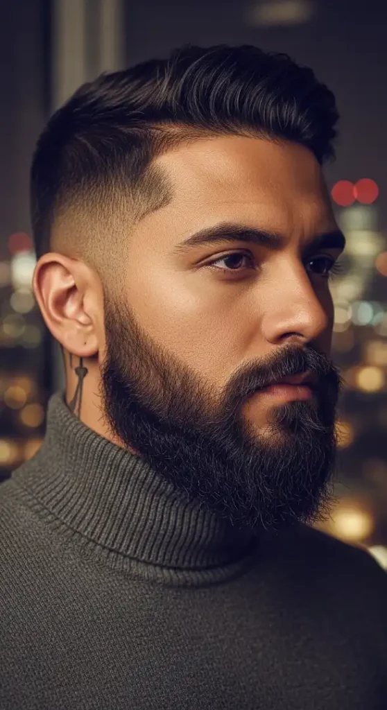 The High Skin Fade with Textured Pompadour & Full Beard