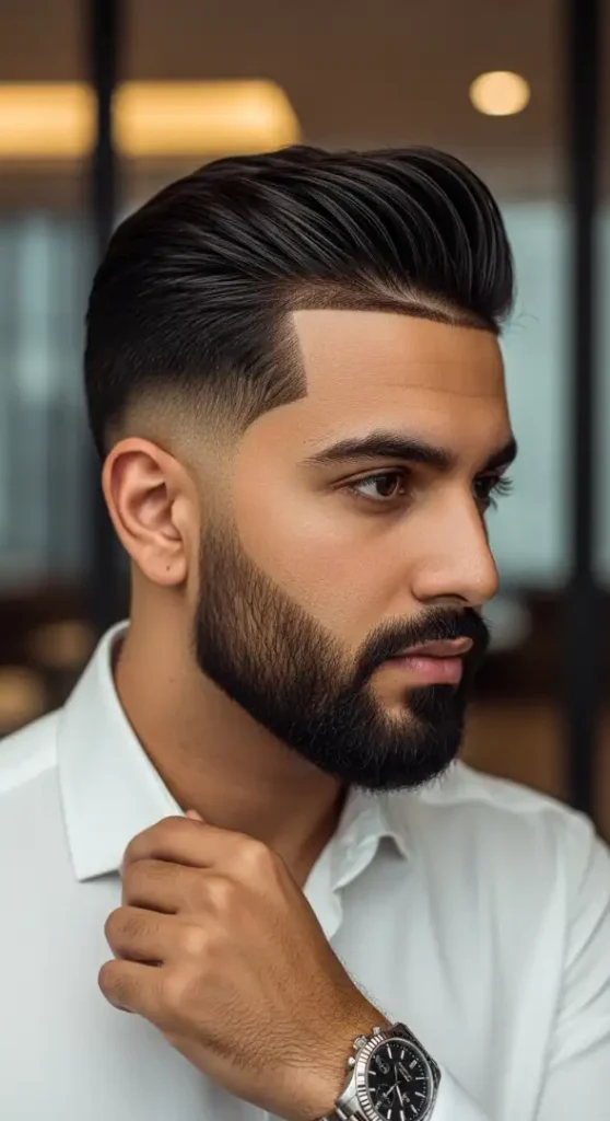 The Mid Fade with Textured Side Part & Medium Beard