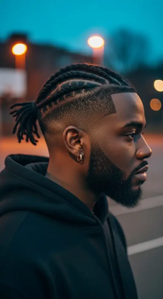 The High Fade with Braided Twists & Sharp Shaped Beard
