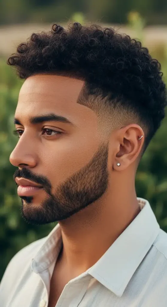 The Low Taper Fade with Natural Curls & Sculpted Beard