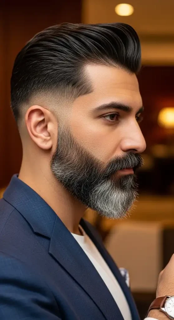 The Classic Slicked Back with Taper Fade & Long Beard