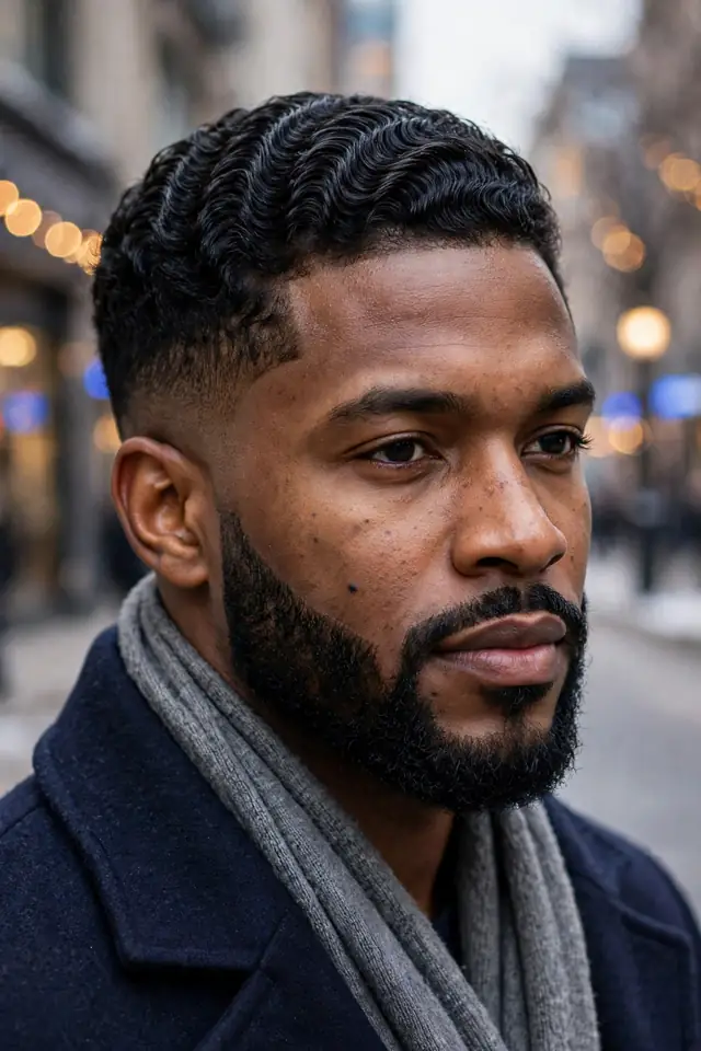 360 Waves with a Mid Fade and Beard - hairstyles for black men winter look 11