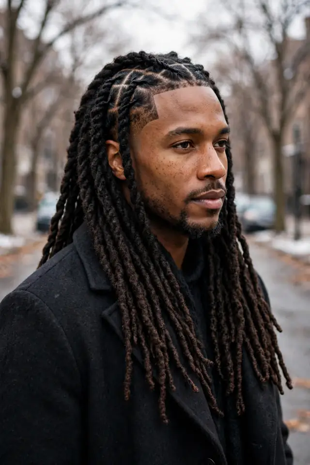 Long Locs with a Taper - hairstyles for black men winter look 14