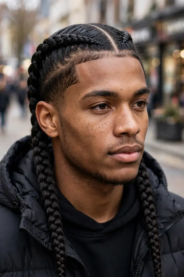 Two Braids - hairstyles for black men winter look 19